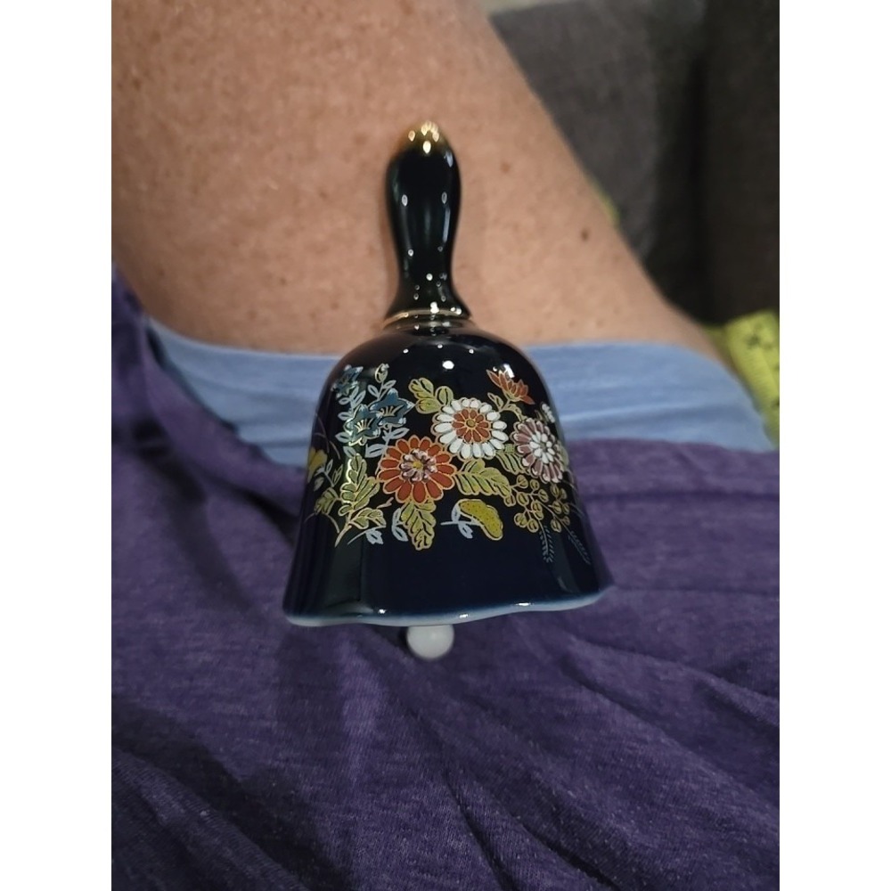 Vintage Cobalt Blue Porcelain Floral Bell Gold Trim Collector Decorative Piece